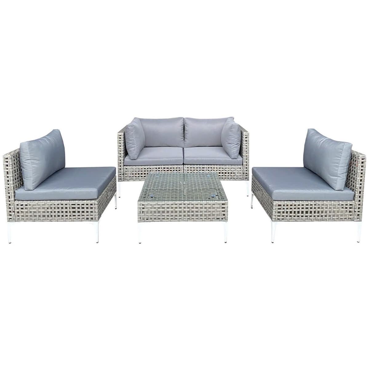 CostwayMeubles d'Extérieur 5 Pièces avec Coussins d'Assise et de Dossier Chaises de Patio en Rotin avec Table Basse en Verre Trempé Gris