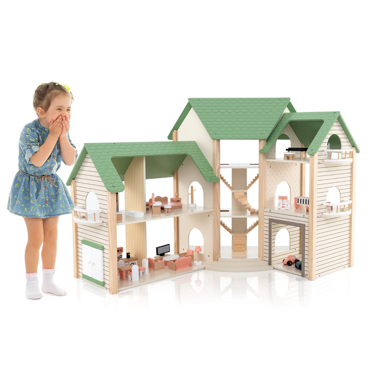 CostwayMaison de Poupée d'Angle en Bois au Toit Vert 36 Meubles et Accessoires 3 Etages 6 Chambres pour Enfants de 3 Ans et Plus Vert
