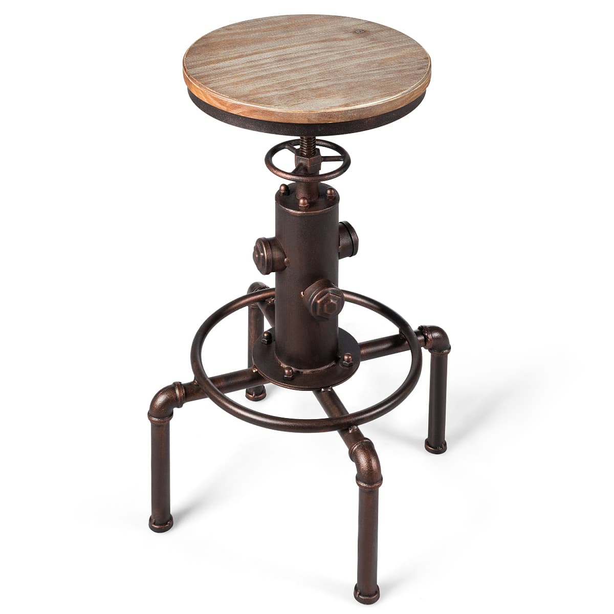 CostwayTabouret de Bar Style Industriel Vintage Hauteur Réglable 60-75cm avec Repose-Pied et Siège Rond à 360° Charge Max 150 KG Café