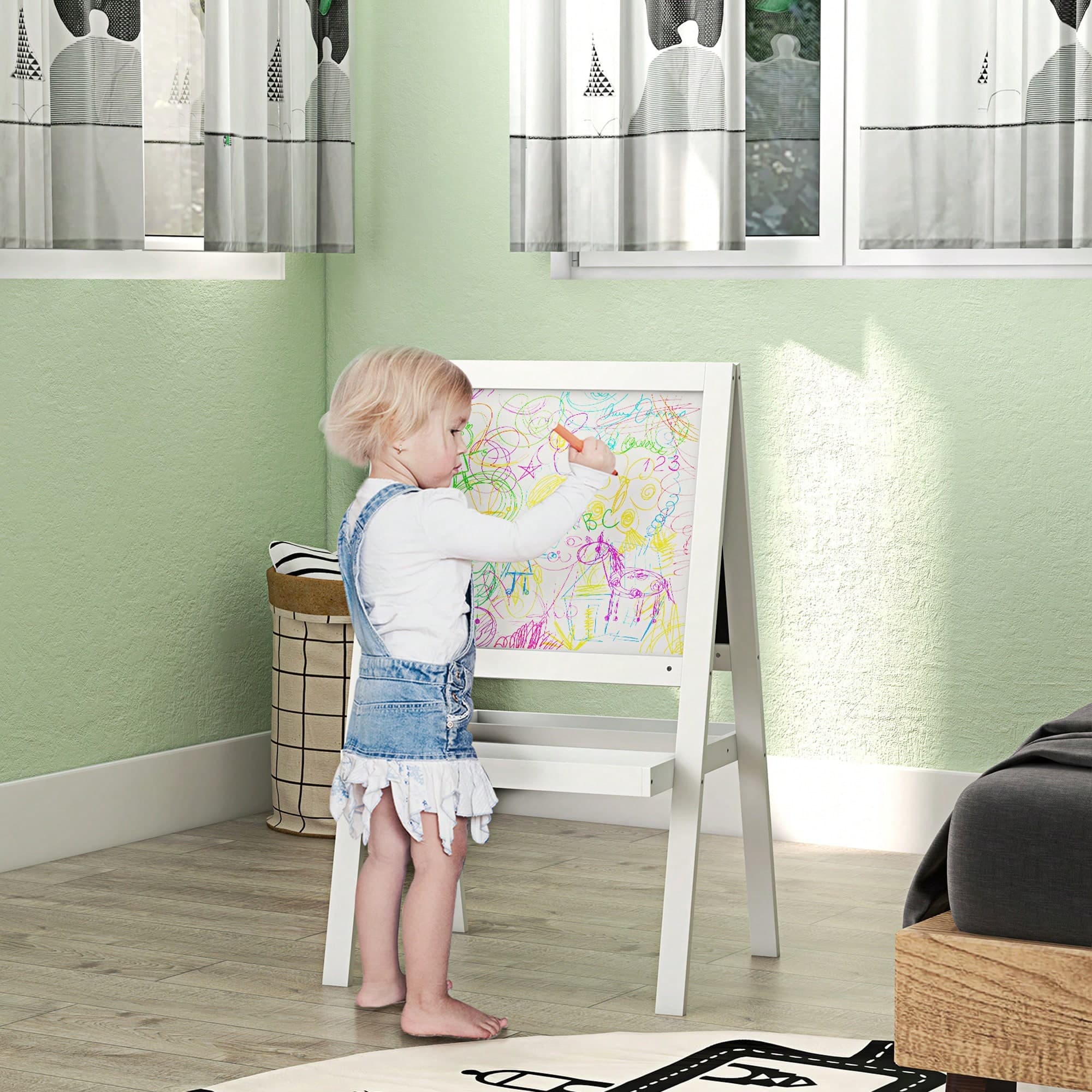 AIYAPLAY Tableau chevalet enfant 2 en 1 - face ardoise magnétique et face tableau noir à craie